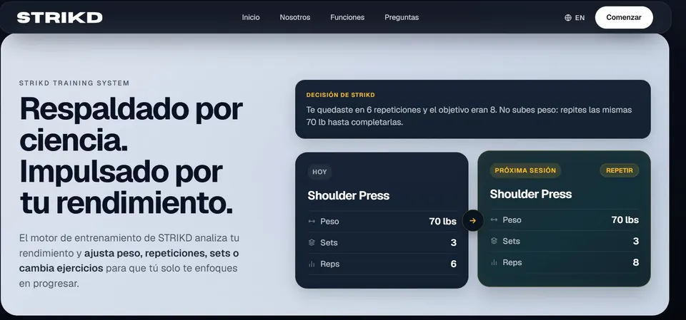 Sitio de STRIKD mostrando cómo decide la siguiente sesión